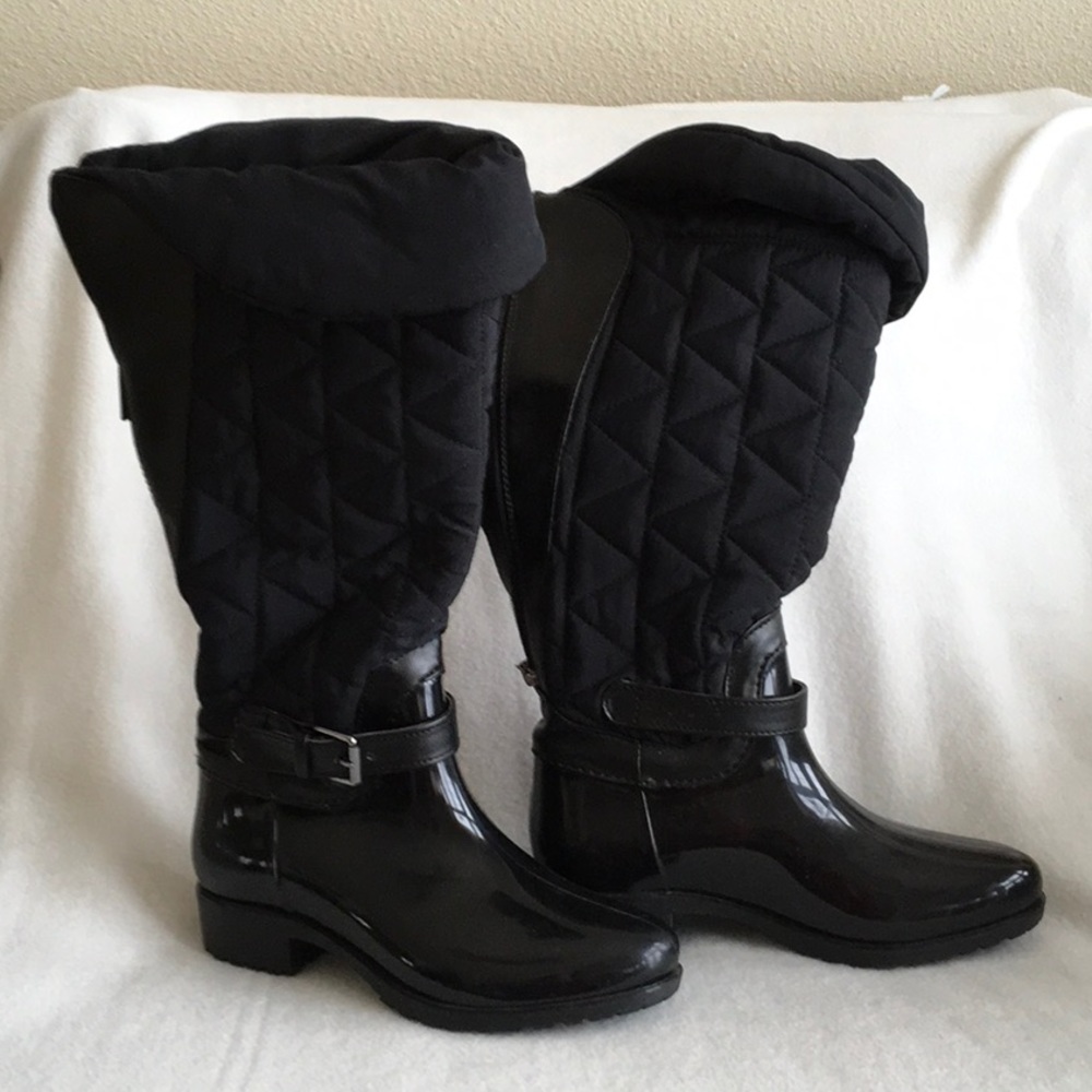 Black Quilted Winter Rain Boots - Women's Waterproof Fashion Boots